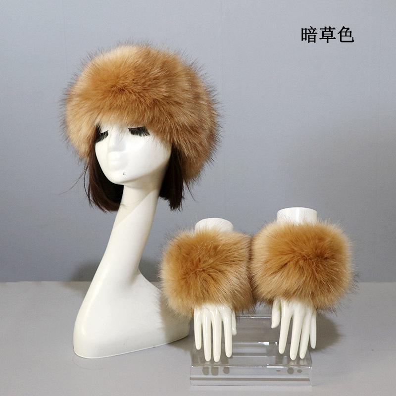 3pcs/Set Women Winter Faux Fox Fur Headband Hats Cuffs Fashion Warmth Female Wrist Sleeve Gloves Faux Fur Cap Russian Style