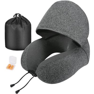 Hooded Memory Foam Travel Neck Pillow - U-Shaped Support for Airplane & Train Naps