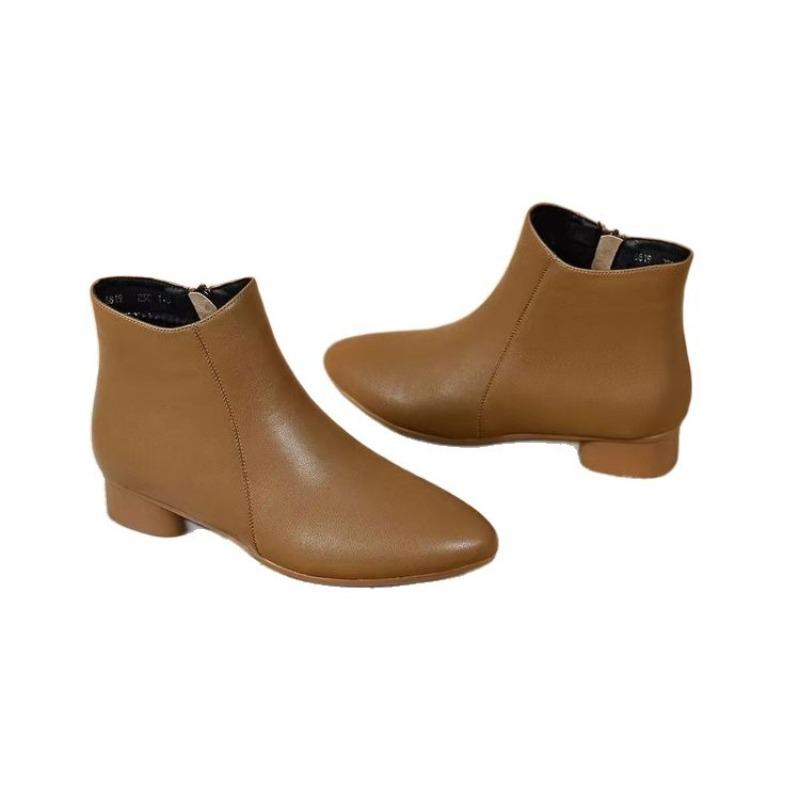 Fleece Cotton Boots Autumn and Winter New Fashion Martin Boots Pointed Low Heel Single Boots Soft Leather Short Boots Women