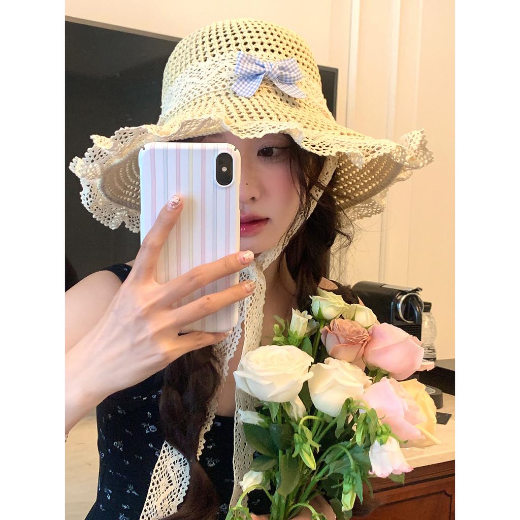 Chic Straw Beige Sun Hat With Beautiful Bow And Lace Edging Casual Wear Spring