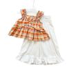 Girls Summer Orange Plaid Bow Flutter Sleeve Top With Ruffle Wide Leg Pants 2 Piece Outfit Set