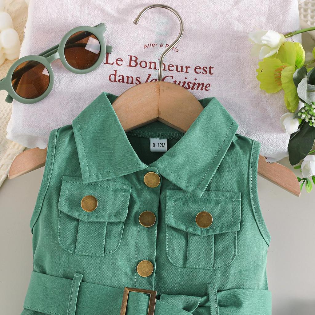 Girls' Solid Color Sleeveless Belted Dress
