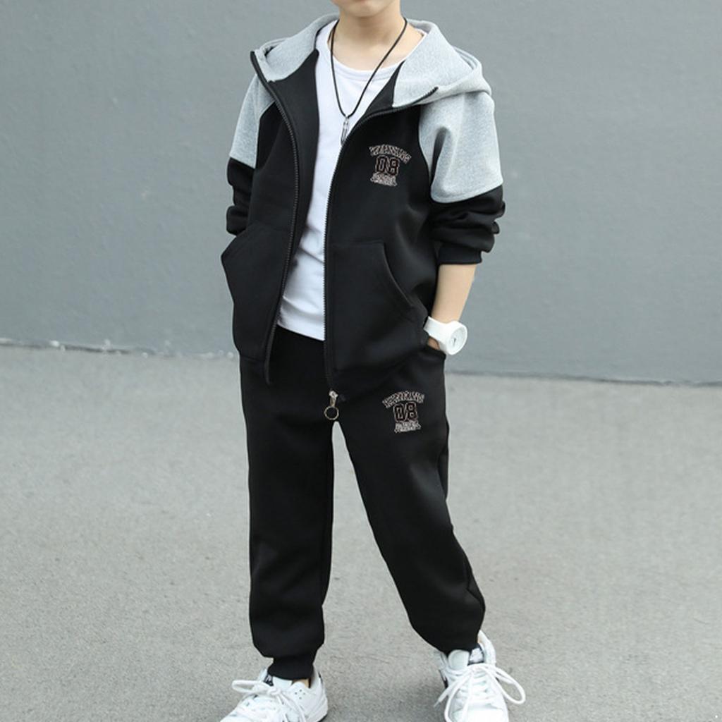 Boys Spring and Autumn Sports Suit Middle and Large Children Hooded Long-sleeved Jacket + Casual Pants Two-piece Set
