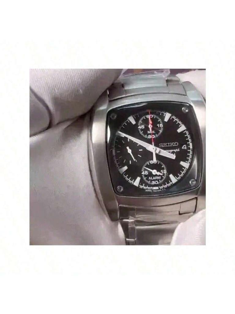 CHRONOGRAPH Herren Quarz Chronograph Uhr - Schwarzes Quadratisches Zifferblatt, Schwarz/Weiß Ionenplattiertes Armband, Datumsanzeige SNAA97J1