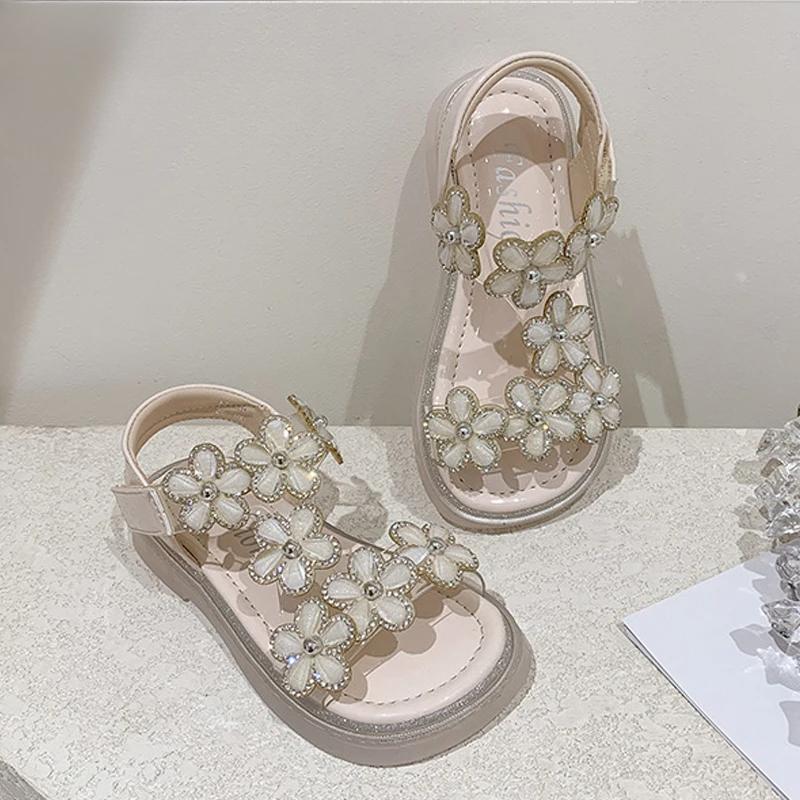 Luxury Crystal Floral Sandals Girls Transparent Pvc Strap Sandalias Baby Kids Brand Design Sole Summer Party Dress Shoes