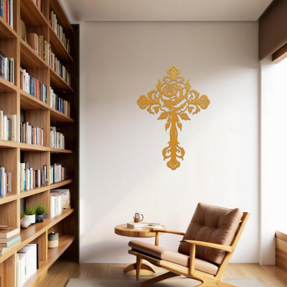 

Gold Floral Cross Wall Art Religious Metal Sculpture Indoor Outdoor Decor Gift Christian Length: 15.75 inches/40 cm