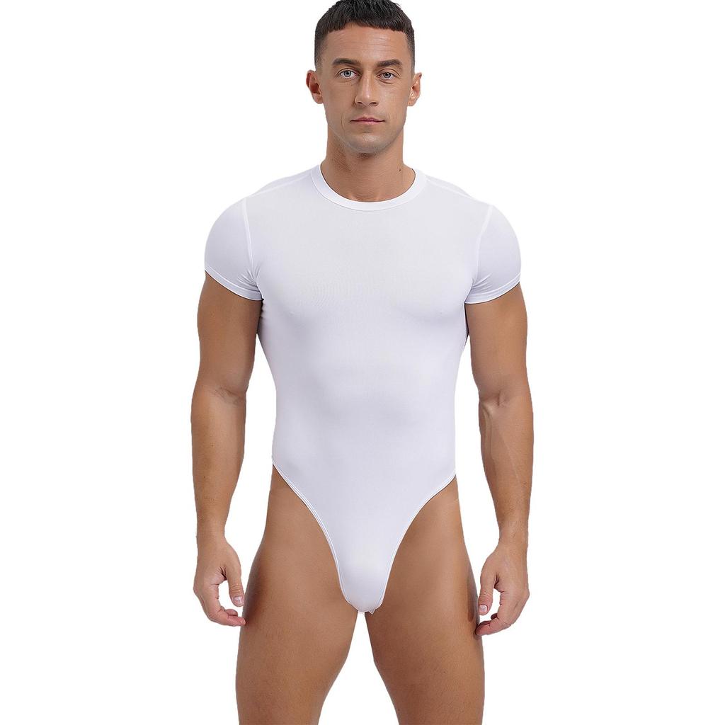 Men's One Piece Thongs Bodysuit Short Sleeve Button Crotch Shirt Leotard Snappies Rompers Jumpsuit