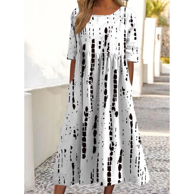 Casual O Neck Pockets Printed Loose Dresses for Women Plus Size Summer New Short Sleeve Women's Dress Fashion Elegant Vintage Floral Long Dress 3364