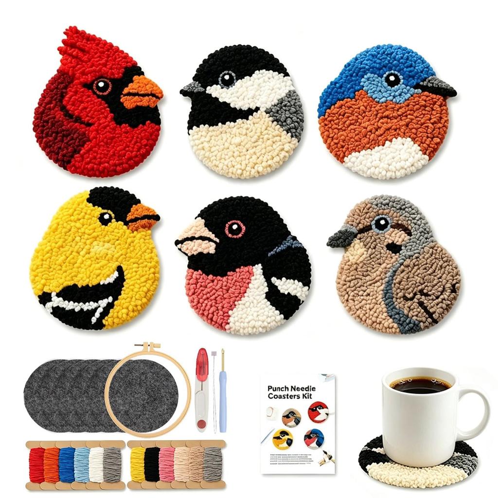 DIY Vogeluntersetzer Punch Needle Kit, 6er-Pack Vordruck-Teppich-Punch Vogeluntersetzer Starter-Kit für Anfänger Erwachsene, Handgetuftete Untersetzer-Herstellungskunst  (2set)