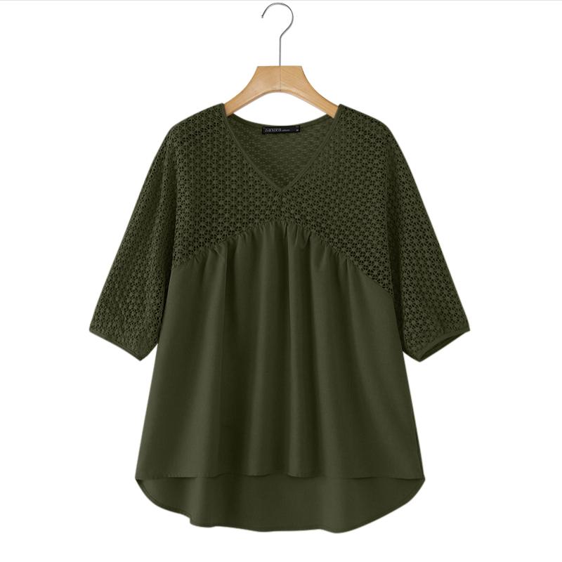 

ZANZEA Women Hollow Lace Patchwork V-Neck 3/4 Sleeve Loose Casual Blouse 5XL темно-зелений колір