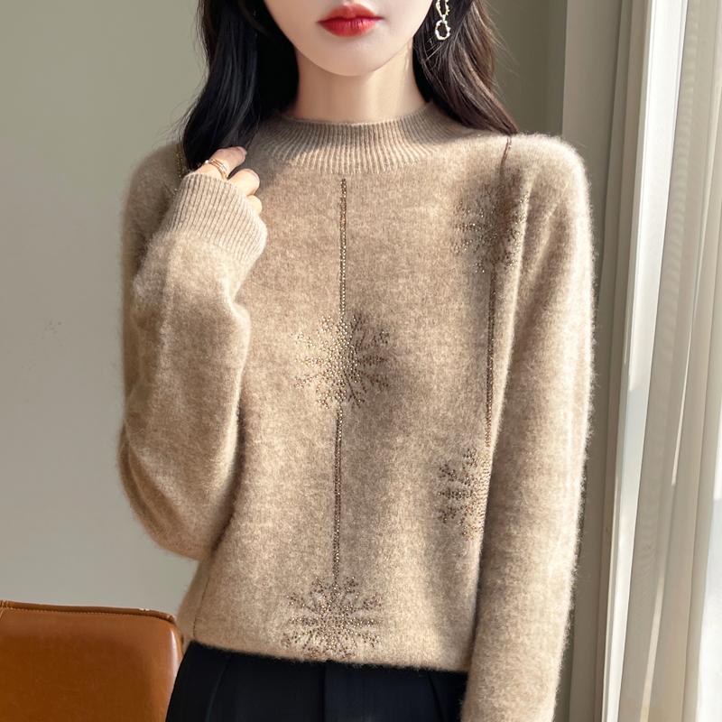 Women Sweater Christmas Style Half High Collar Long Sleeve Autumn Winter Thick Warm Pullovers Knitted Loose Bottoming Shirts Red Jumper