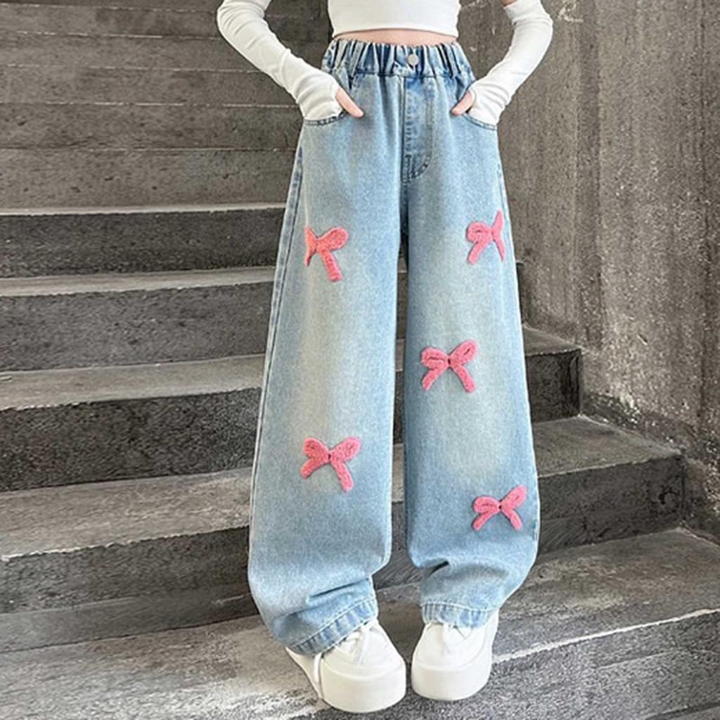 Girls High Waist Denim Wide Leg Pants with for Casual Everyday Wear