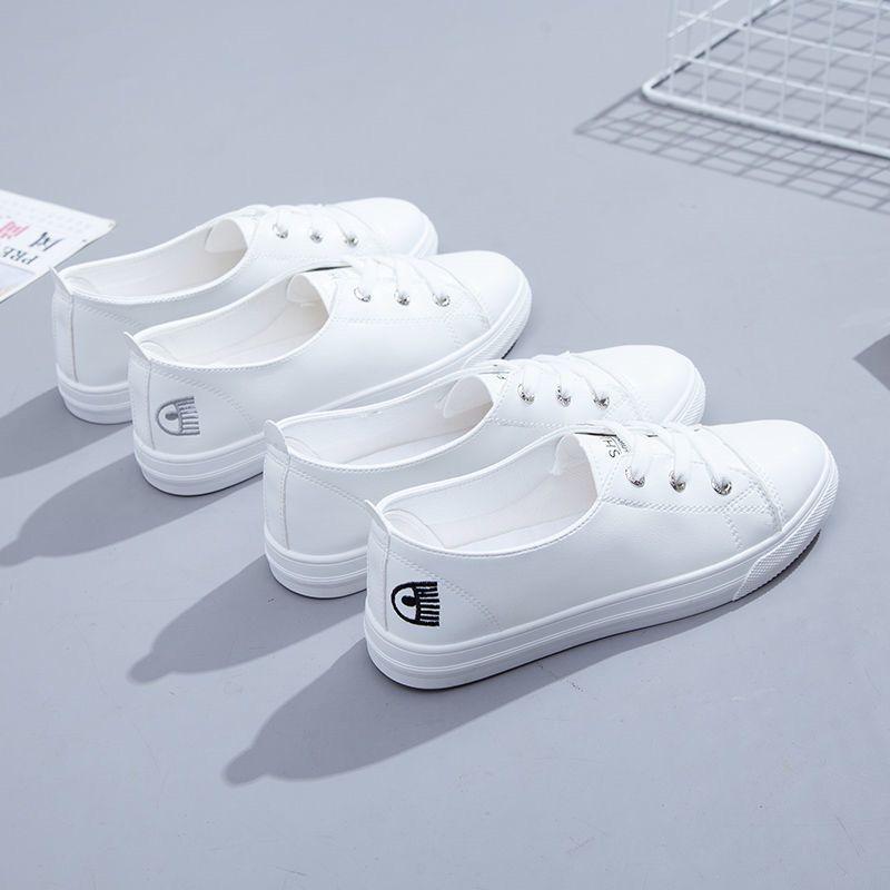 Leather white shoes women's 2025 spring new versatile flat bottom Internet celebrity two wear one pedal casual board shoes women's single shoes