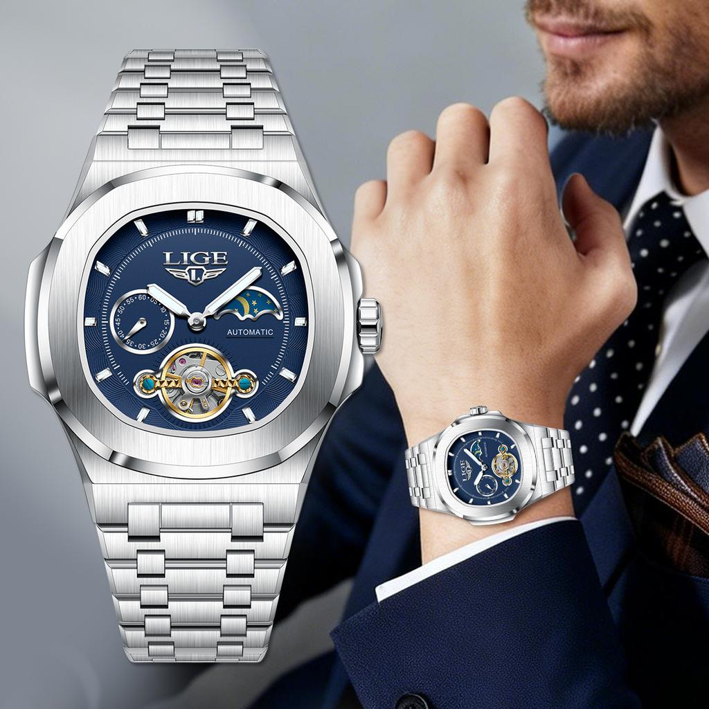 LIGE Dual Seconds Tourbillon Watch 24 Hour Mechanical Watch Men Stainless Steel Authentic Watch Night Glow Waterproof Mens Watch