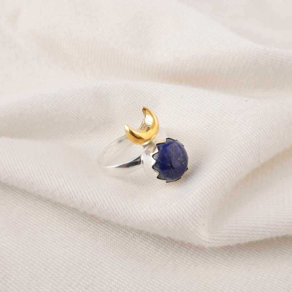 Round Natural Lapis Lazuli Sterling Silver Wife Gift Cocktail Throat Chakra Ring RR-58-28