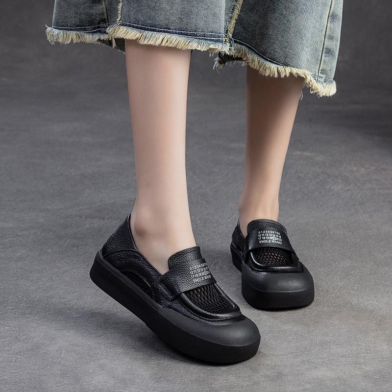 Johnature Versatile Breathable Mesh Flat Shoes Retro Genuine Leather Comfortable Sandals Women's Slip-on Shoes