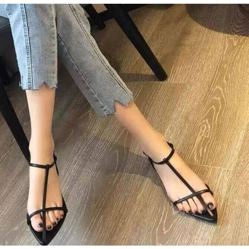 Mode Schuhe mit niedrigem Absatz Sommer Neu Spitz Feiner Riemen Schnürung Metallschnalle Linie mit Weicher Sohle Rutschfest Feinsandale Kleid Schuhe