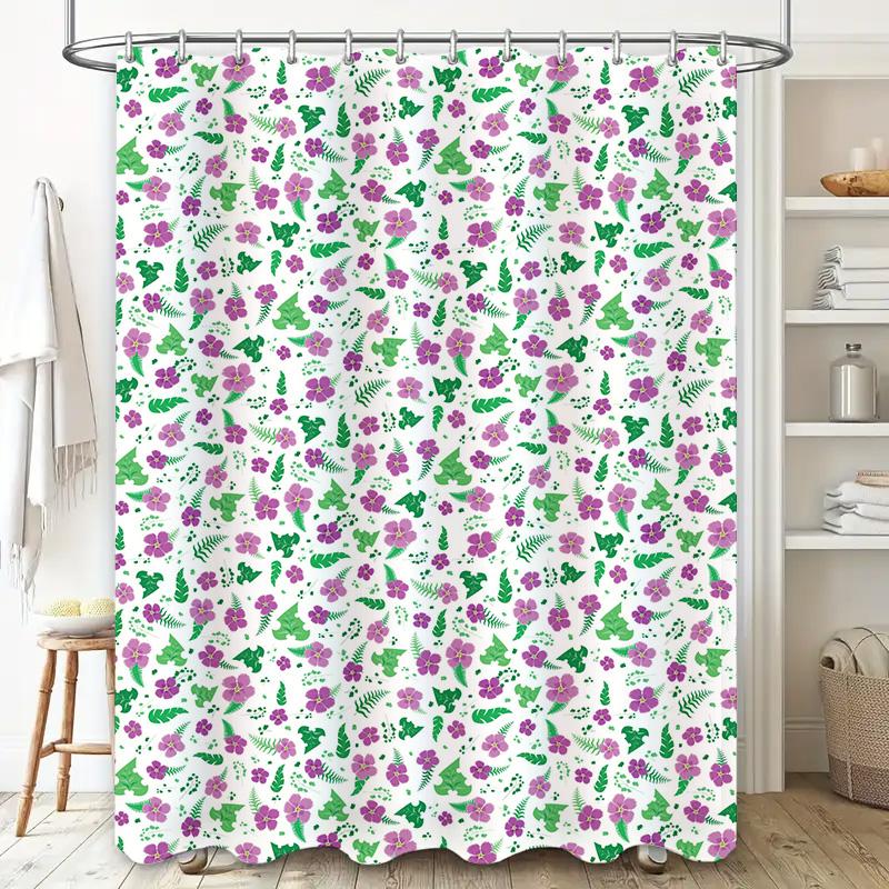 Delightful Floral Shower Curtain Purple Green Pattern Polyester Fabric Perfect for Bathrooms Decor Ready-to-ship