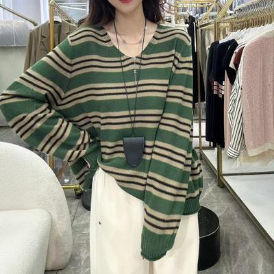 Large Size Women's Clothing Autumn and Winter New Contrasting Striped Knitted Sweater Women's Fashion Long-sleeved Age-reducing Casual Sweater