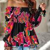 Square Neck Long Sleeve Shirt Women's Spring Summer High Waist Print Top