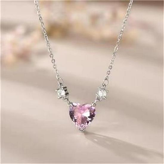 Women's Pink Heart Zircon Necklace – Cute Summer Clavicle Chain, Ideal Gift for Girlfriend