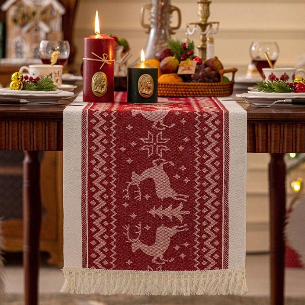 Polyester Christmas Table Runner Santa Claus Pattern Cartoon Pattern Long Tablecloth Snowflake Pattern Multi-Color Tassel