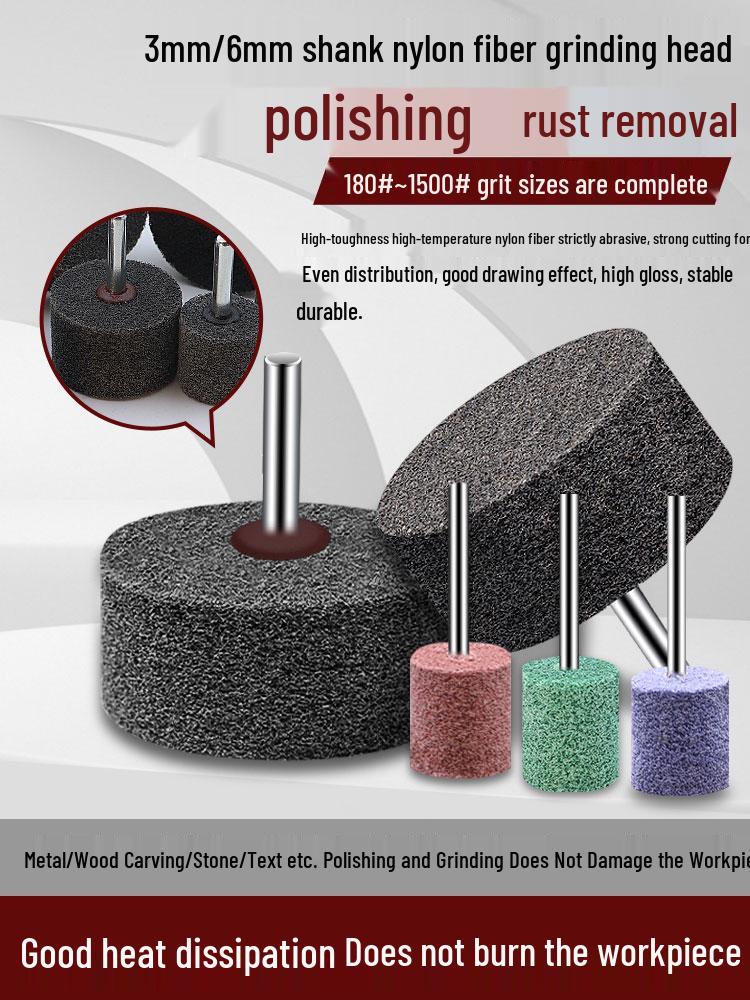 Nylon Fiber Polishing Wheel with Stainless Steel Wire, 3/6mm Shank for Electric Drill/Grinder, Pneumatic Grinding Head.