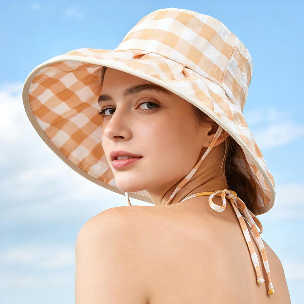 Checkered Wide Brim Bucket Hat for Women, UV Protection Sun Hat with Adjustable Chin Strap, Foldable Outdoor Beach Gardening Cap