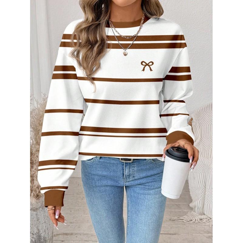 Womens Casual Striped Print Hoodie-Free Sweatshirt Loose Fit Round Neck Long Sleeve Top 2025