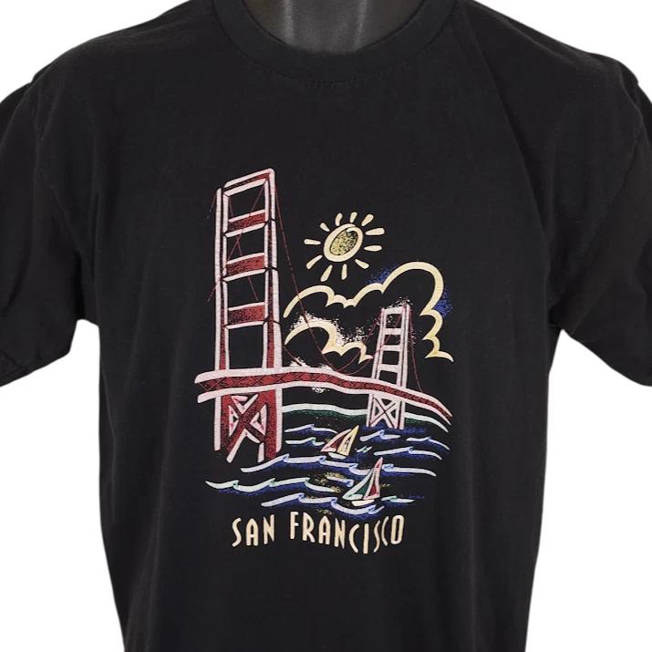 Vintage San Francisco 100% Cotton T-shirt Mens Tees Top Mens Size Medium Black 90s Golden Gate Bridge
