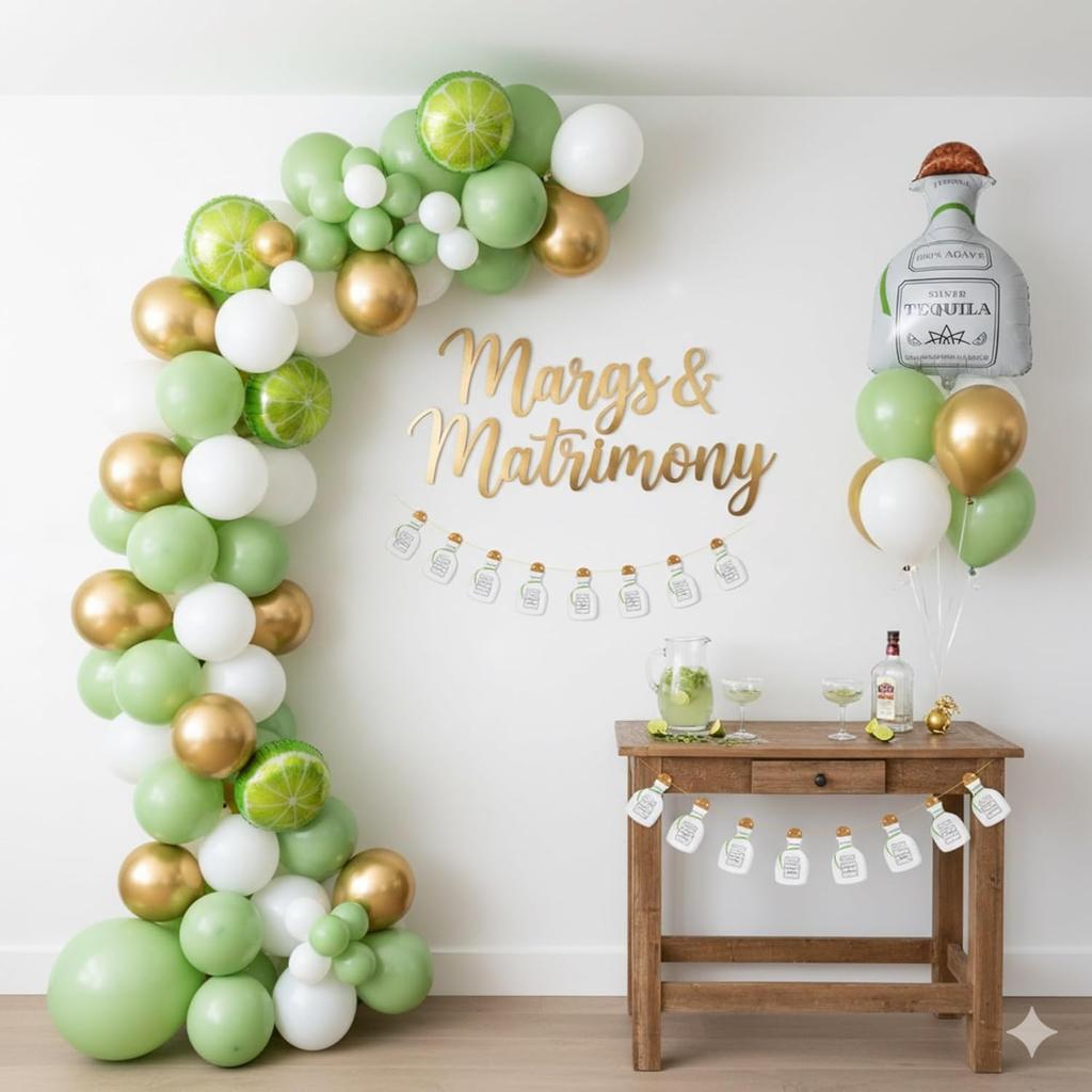 Tequila Bottle Banner (16pc, 12ft Gold String) 21st Birthday Decorations, Moo Moos and Margaritas Margs and Matrimony Garland Bachelorette Party