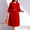 Elegante Faltenkleider O-Ausschnitt Langarm Gürtel Taille Große Größen Xxxl Wadenmitte Luxuriöses Damen-Partykleid