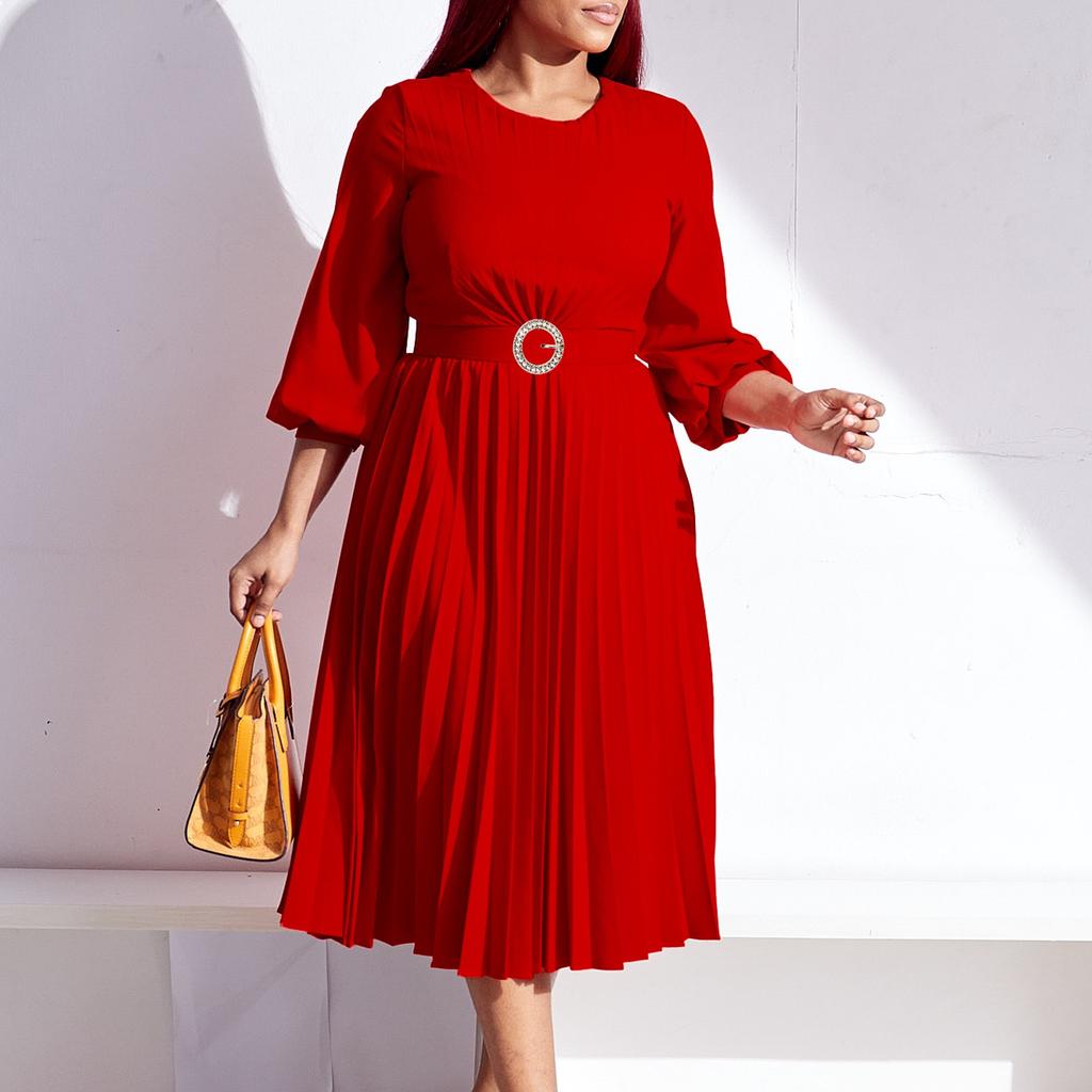 Elegante Faltenkleider O-Ausschnitt Langarm Gürtel Taille Große Größen Xxxl Wadenmitte Luxuriöses Damen-Partykleid