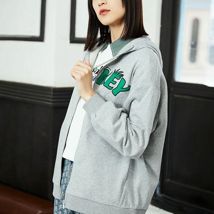 Li-Ning X Disney Co-Branded Letter Print Loose Zip Hoodie Jacket Women Outerwear Grey AWDS590-2