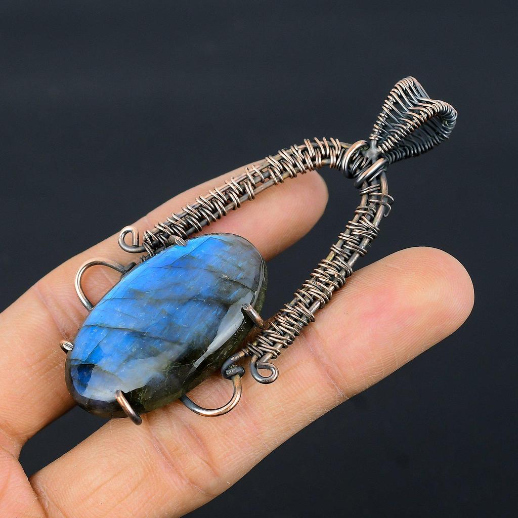Labradorite Pendant, Handmade Gemstone 999 Copper Wire Wrapped Pendant Antique Jewelry, For Gift Silver Jewelry