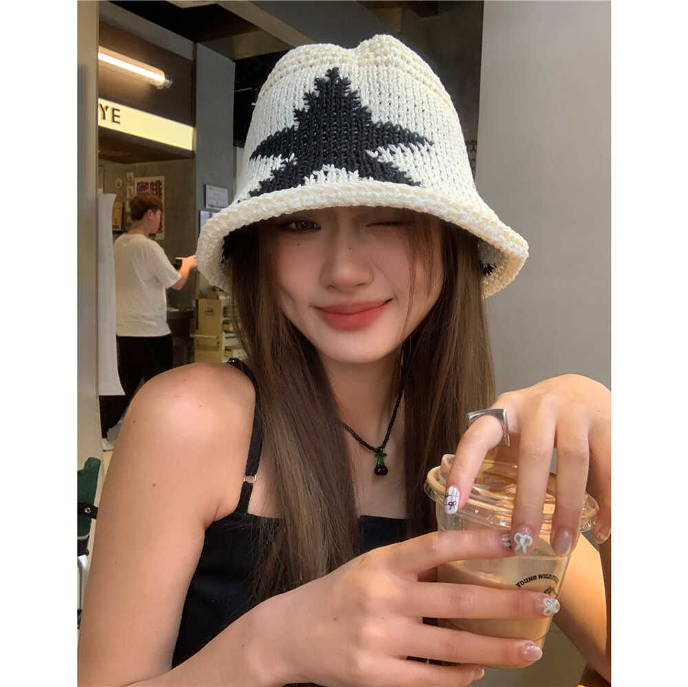 

Fashion pentagram knitted fisherman hat women s spring and summer retro big head circumference sunshade bucket hat basin hat Adult average size білий