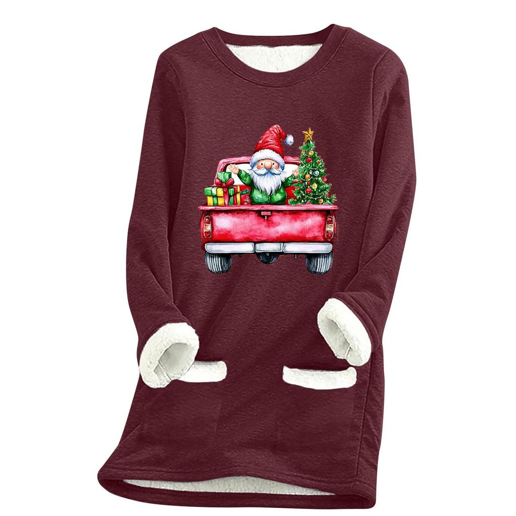 Ladies' Loose And Comfortable Round Neck Christmas Print Thick With Pockets Long Sleeved Top