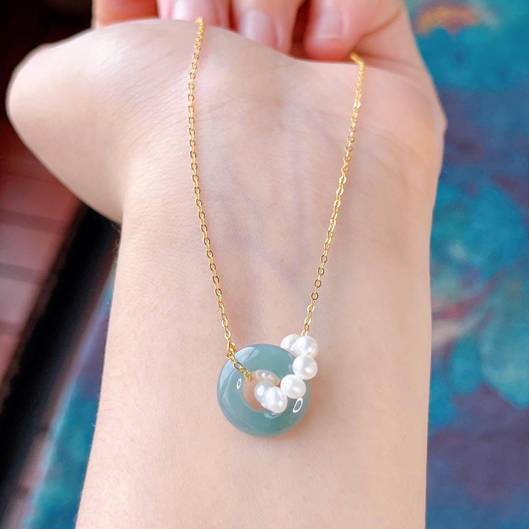 Natural Blue Jade and Pearl Clavicle Necklace, 925 Silver Gold-Plated, Chinese Style