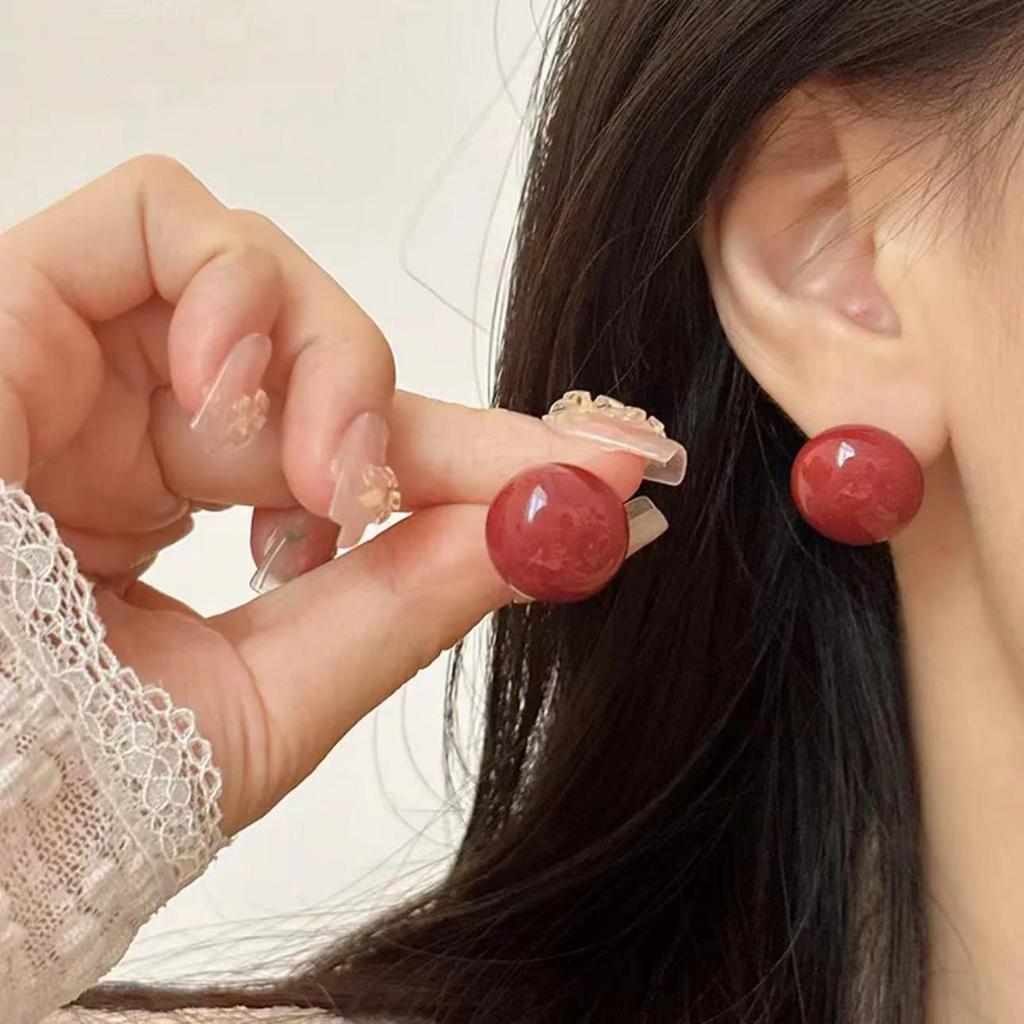 Autumn/Winter Wine Red Bead Earrings: 925 Silver, Festive French Retro Style