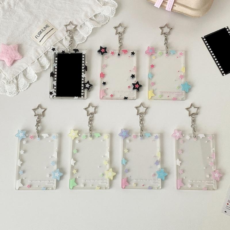 Star Print Photo Card Case with Keychain Clip 3Inch Photo Protectors Waterproof Acrylic Card Covers for Badges Photos