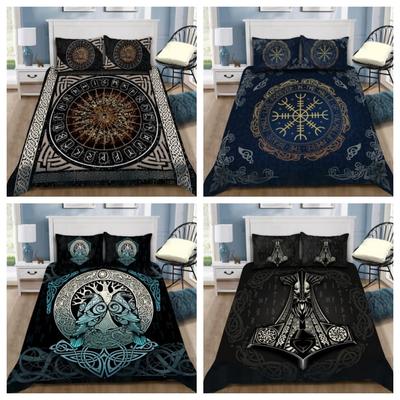 Tmarc Tee Viking Bedding Set, Yggdrasil Ravens Rune Comforter Duvet Cover Set Bedroom Decor