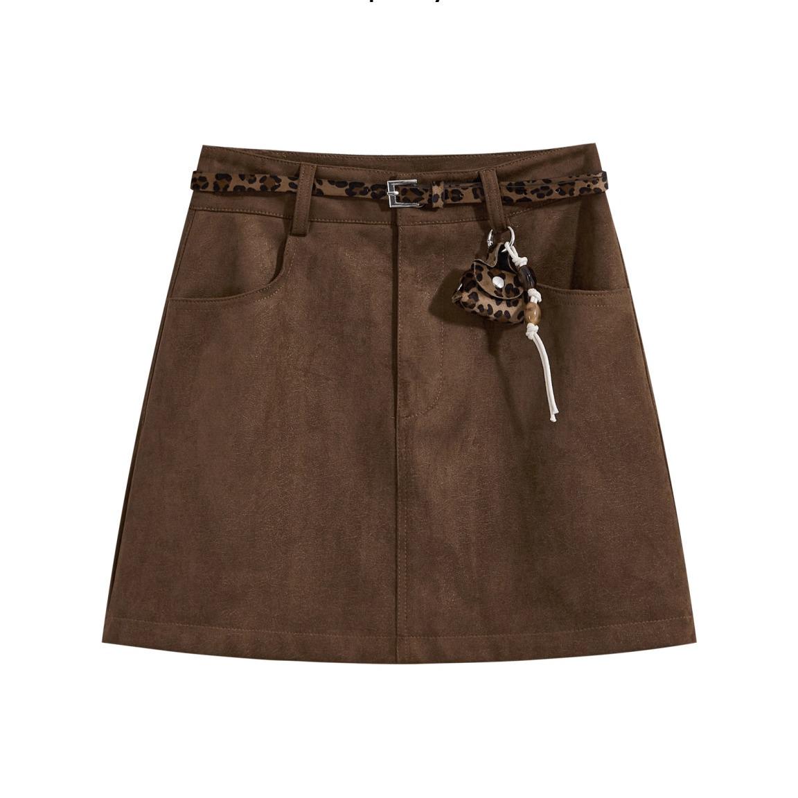 Korean Coffee Suede High Waist Plus Size A-Line Skirt for Women - Spring/Autumn S коричневый