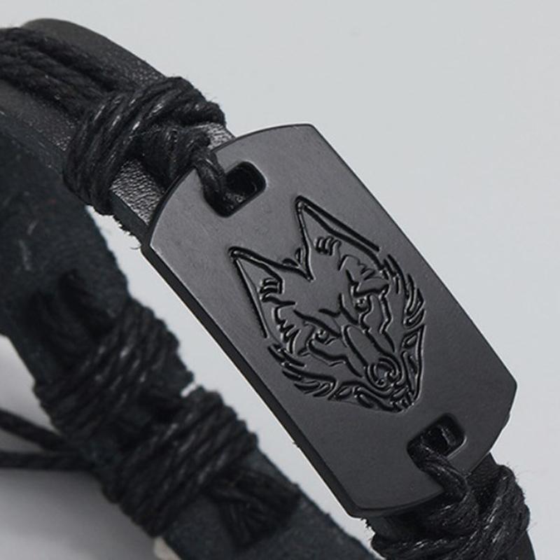 Bracelet en Cuir Neutre Vintage Corde Tressée Tête de Loup Noir Bijoux