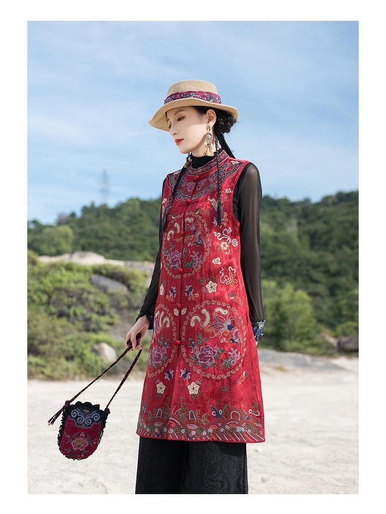 2025 Ethnic Embroidered Frog Button Sleeveless Vintage Mid-Length Vest