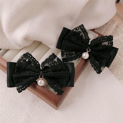 Hair Tie Ribbon Lace Bowknot Decor Imitation Pearl Pendant High Elastic Rubber Band Hair Rope Hair Accessories