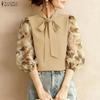 ZANZEA Women Bows Collar Casual Splice 3/4 Sleeve Loose Blouse