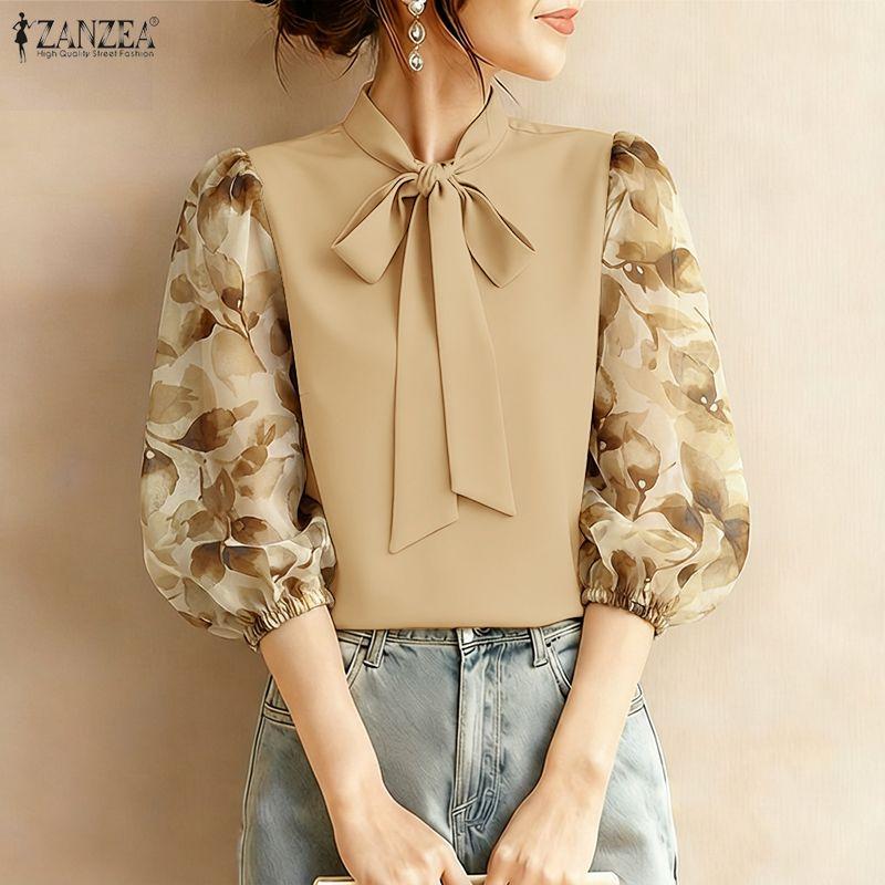 ZANZEA Women Bows Collar Casual Splice 3/4 Sleeve Loose Blouse