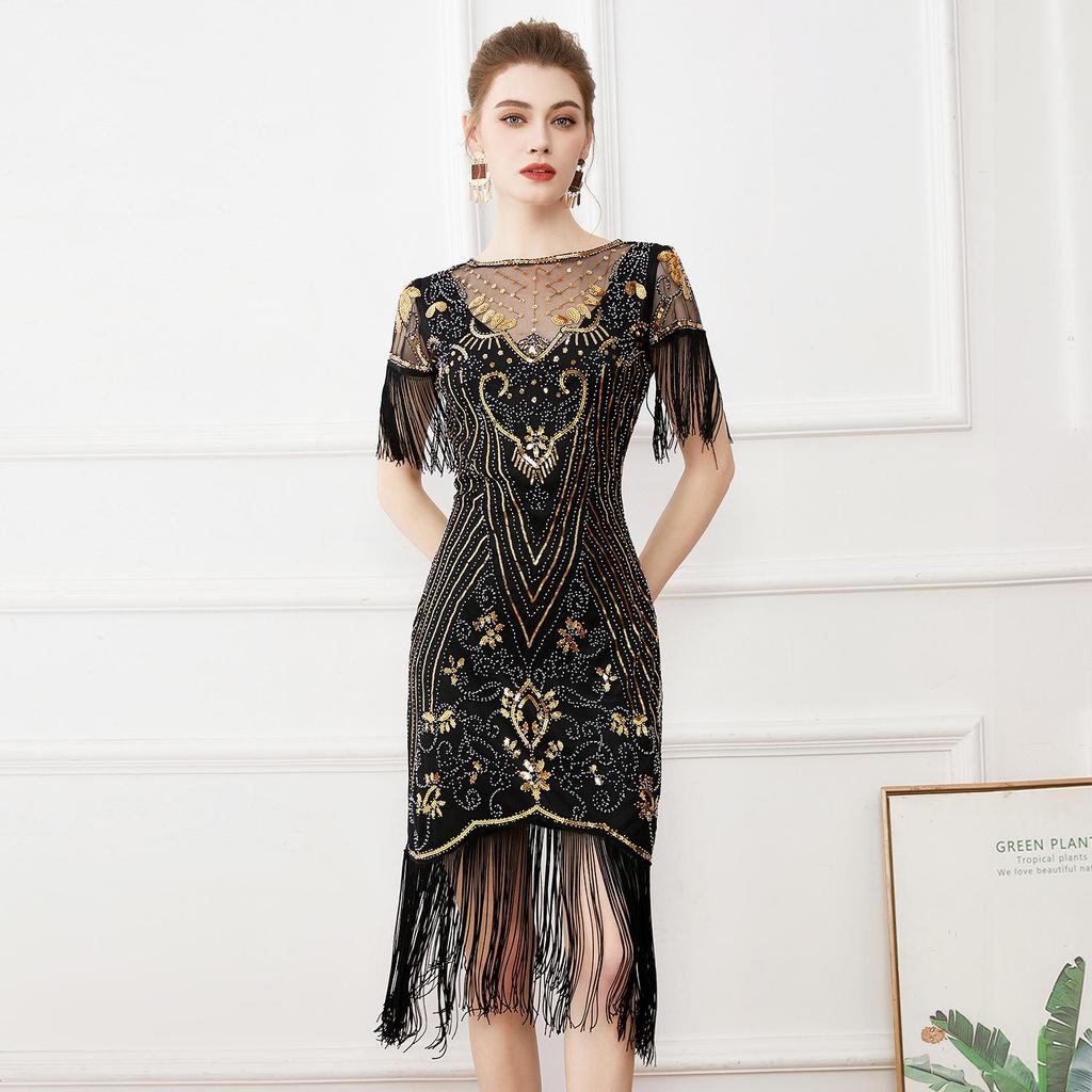 Vintage 1920s Sequin Beaded Ball Gown with Embroidery & Tassels - Plus Size Cocktail Dress