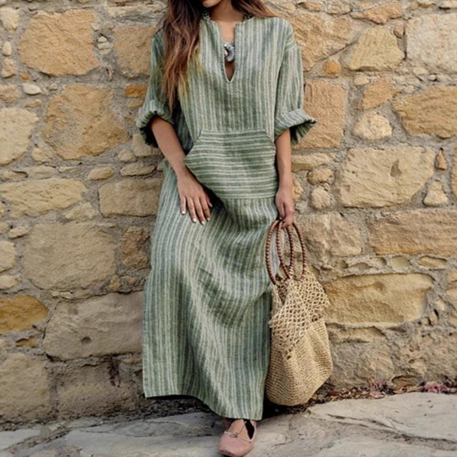 Women's European/American Cotton Linen Striped Pocket Dress