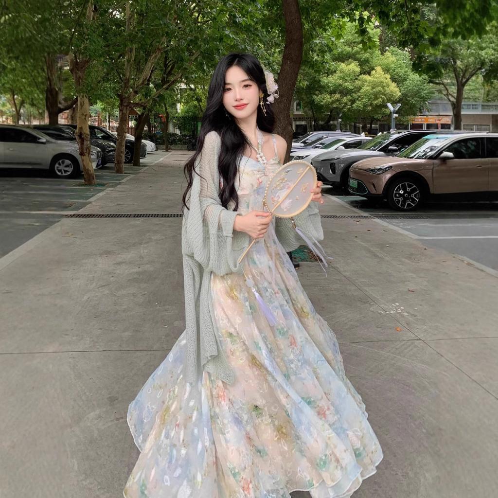 Summer high-end oil painting printing embroidery temperament neck dress fairy seaside vacation wind suspender long skirt